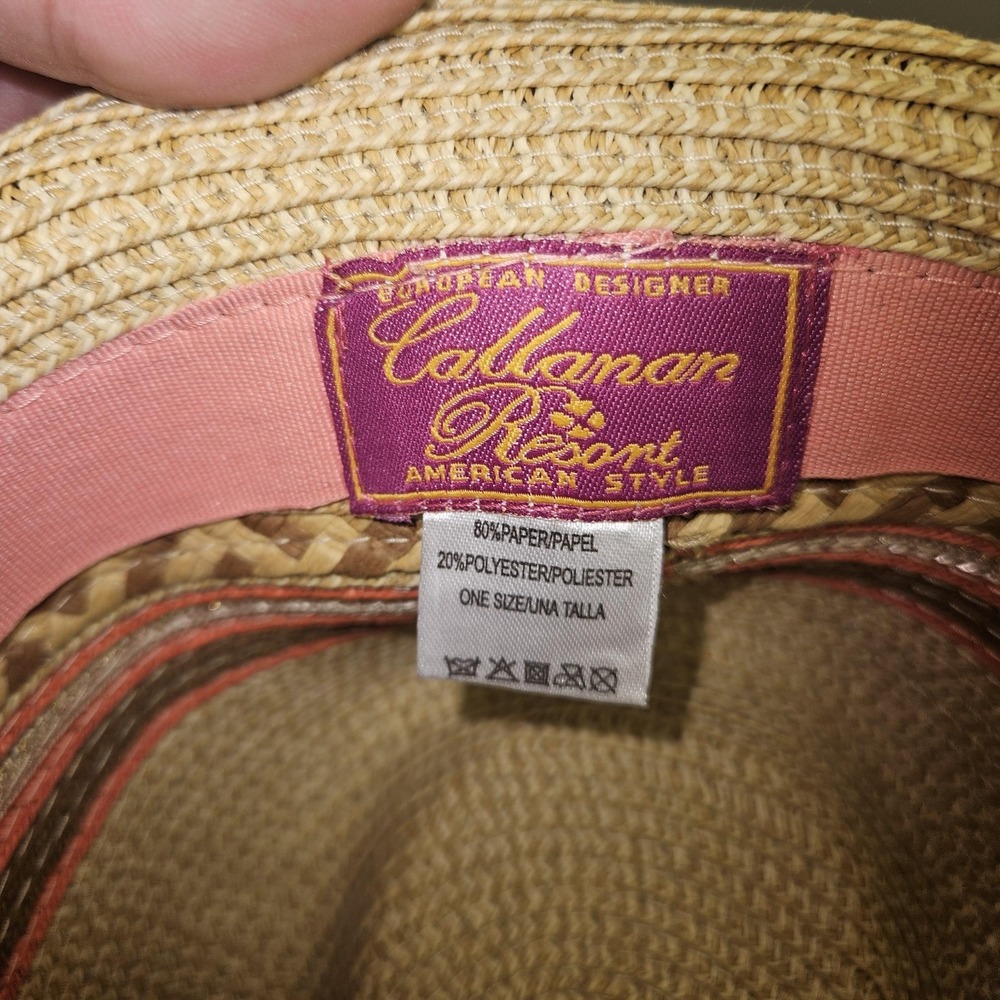 Callanan Resort Hat Fedora Womens One Size Tan Pink Striped Braided Summer Beach - Picture 8 of 9